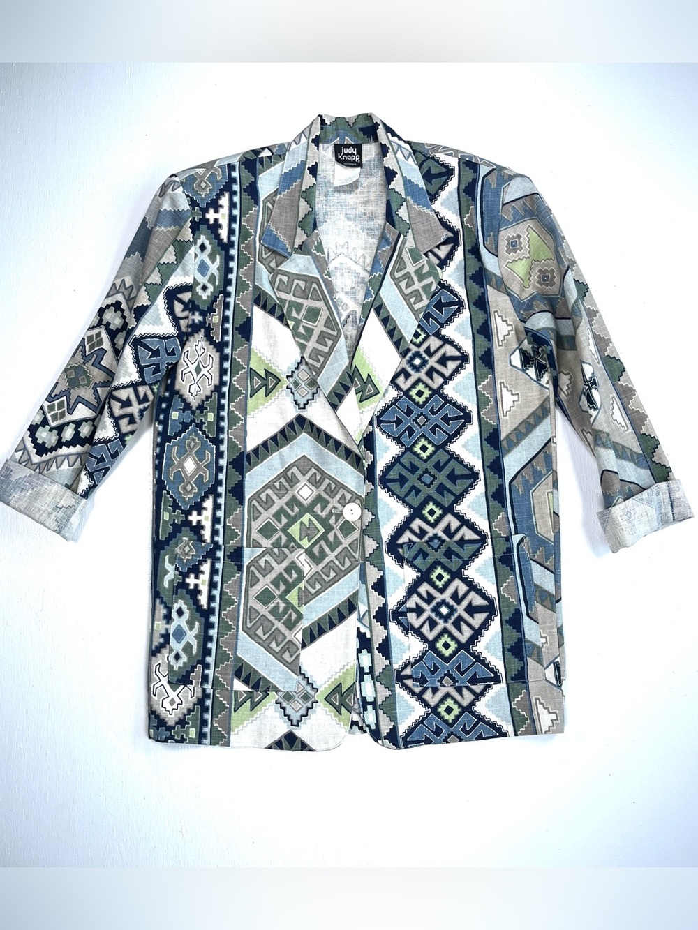 Vintage Green Aztec Print Linen Blazer Jacket Cotton Flax Judy Knapp California